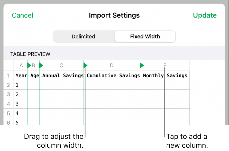 The import settings for a fixed-width text file.