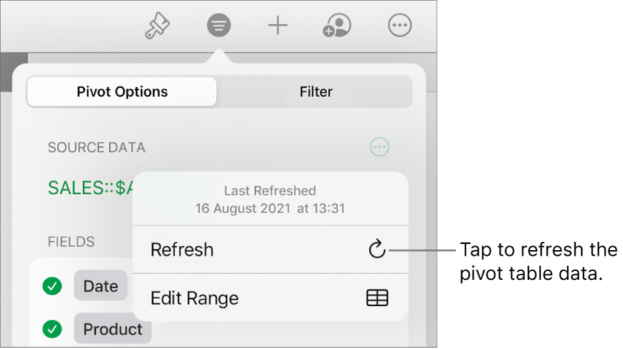 The Pivot Options tab showing the option to refresh the pivot table.