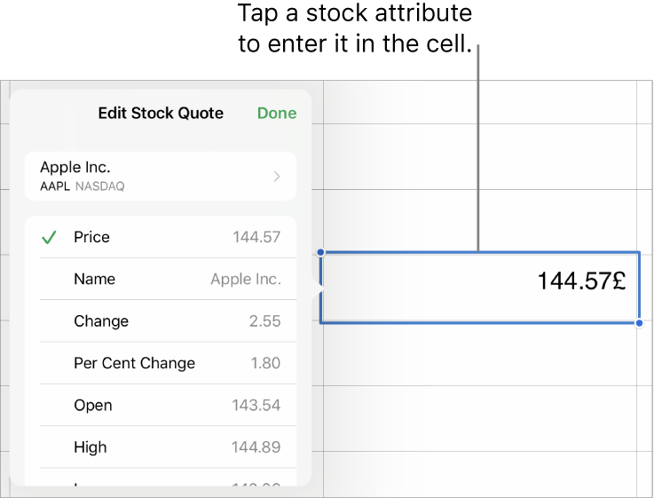 The stock quote pop-over, with the stock name at the top, and selectable stock attributes including price, name, change, per cent change, open and high listed below.