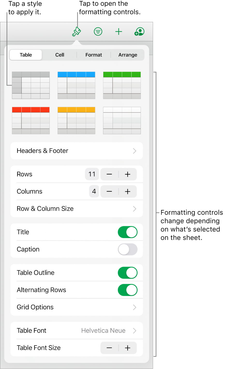 The Table pane of the Format button.