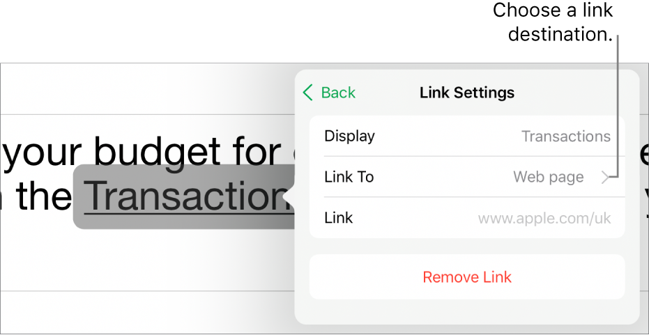 The Link Settings controls with fields for Display, Link To (Web page is selected) and Link. The Remove Link button is at the bottom.