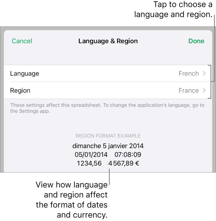 Language and Region pane with controls for language and region, and a format example including date, time, decimal and currency.