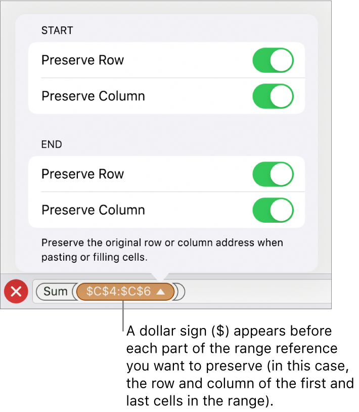 The controls for specifying which of a cell’s row and column references should be preserved if the cell is moved or copied. A dollar sign appears before each part of the range reference you want to preserve.