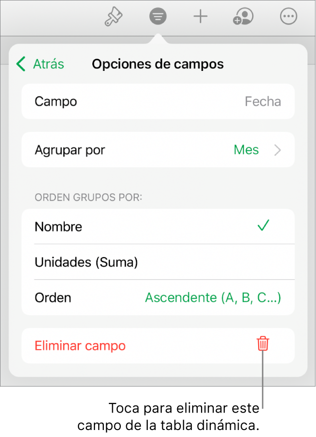 El menú “Opciones de campos”, mostrando los controles para agrupar y clasificar los datos, así como la opción para eliminar un campo.