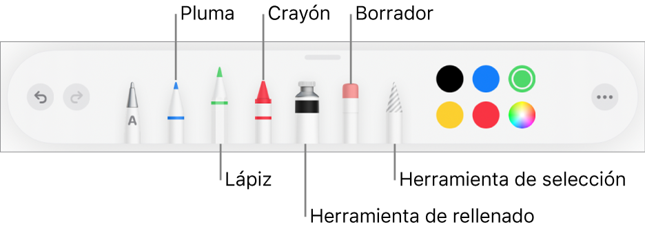 La barra de herramientas de dibujo con bolígrafo, lápiz, crayón, herramienta de rellenado, goma de borrar, herramienta de selección y colores. El botón del menú Más está en el extremo derecho.