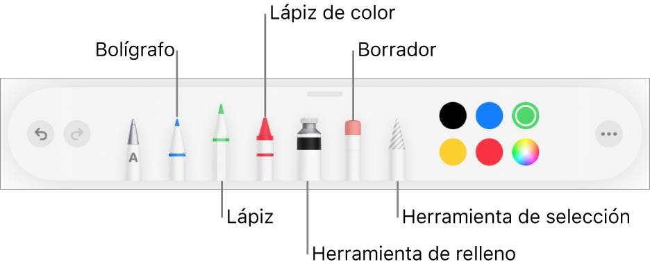 La barra de herramientas de dibujo con un bolígrafo, lápiz, lápiz de color, relleno, borrador, herramienta de selección y colores. En el extremo derecho se encuentra el botón del menú Más.