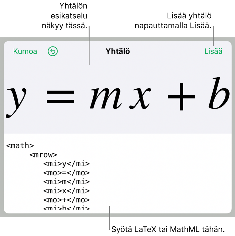 MathML-koodi suoran kulmakertoimen yhtälölle ja yllä kaavan esikatselu.