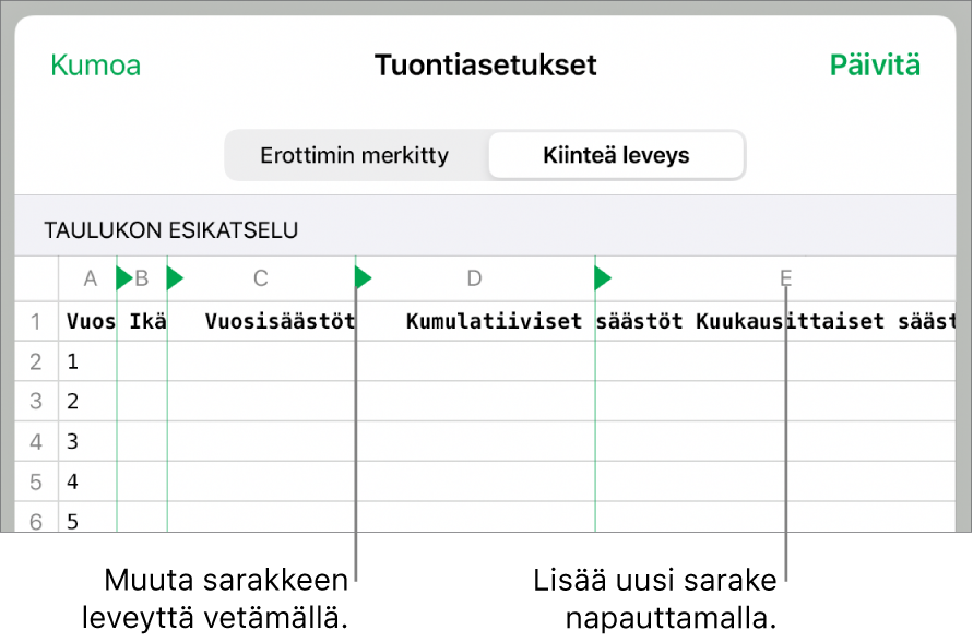 Kiinteän leveyden tekstitiedoston tuontiasetukset.