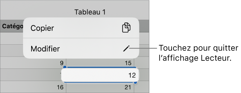 Une cellule de tableau est sélectionnée et au-dessus de celle-ci se trouve un menu avec les boutons Copier et Modifier.