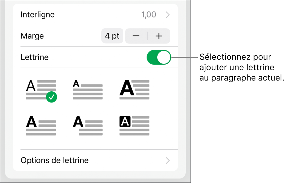 Les commandes Lettrine situées au bas du menu Texte.