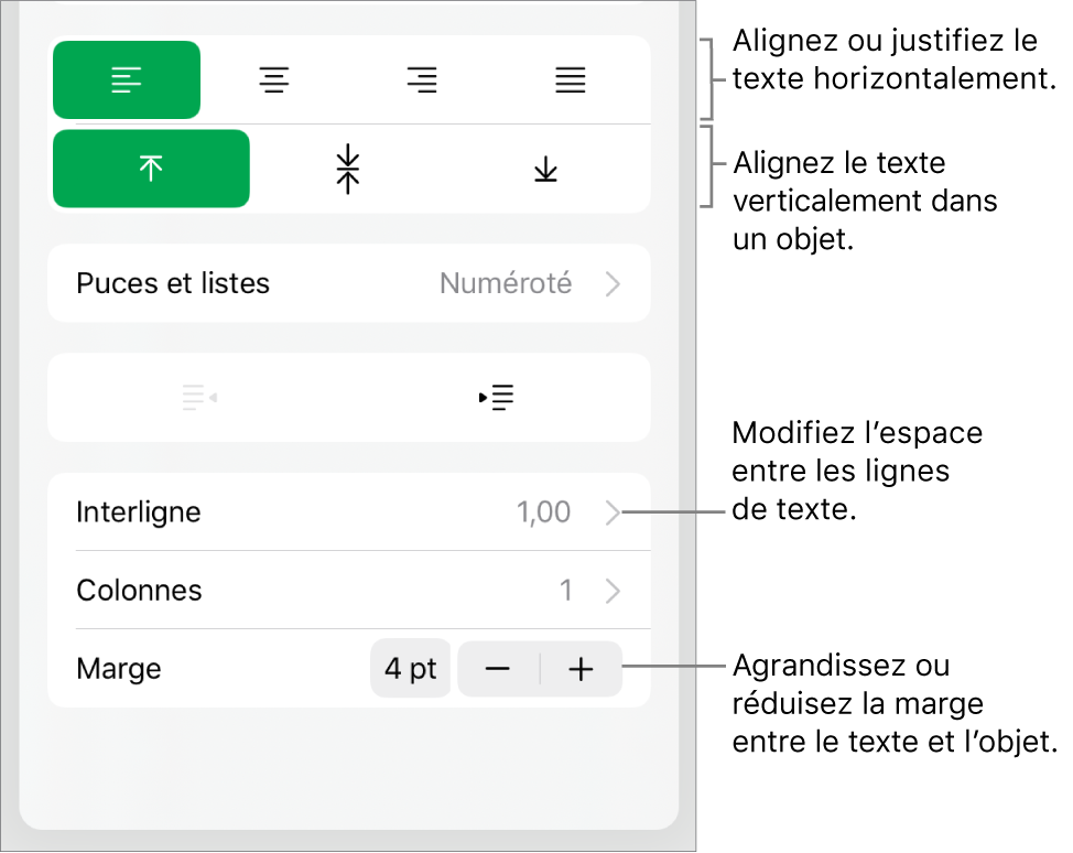Section de mise en page de l’inspecteur de format avec les légendes des boutons d’alignement et d’espacement de texte.