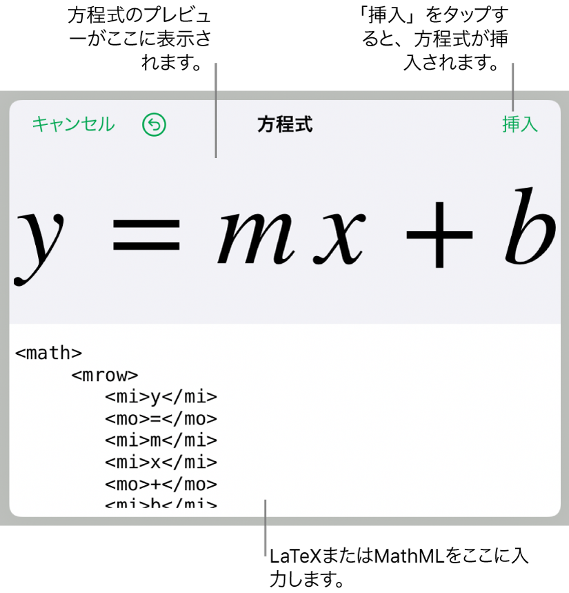 直線の傾きを表す方程式のMathMLコードと、その上に表示された数式のプレビュー。