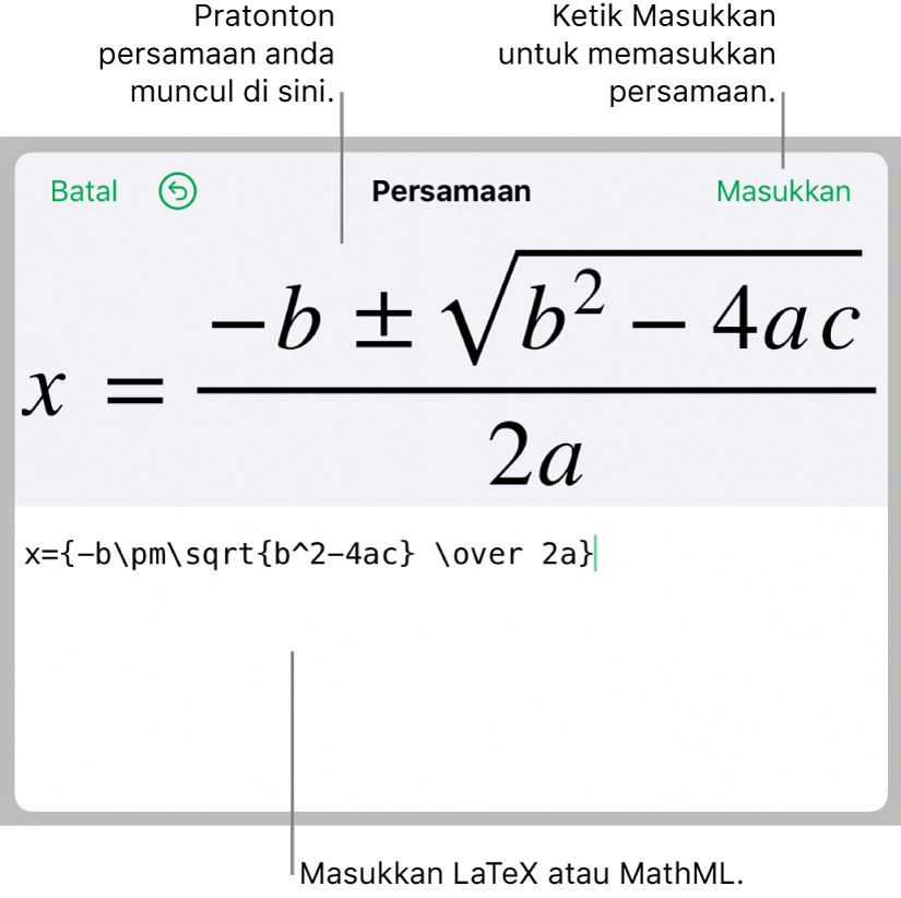 Formula kuadratik ditulis menggunakan LaTeX dalam medan Persamaan dan pratonton formula di bawah.