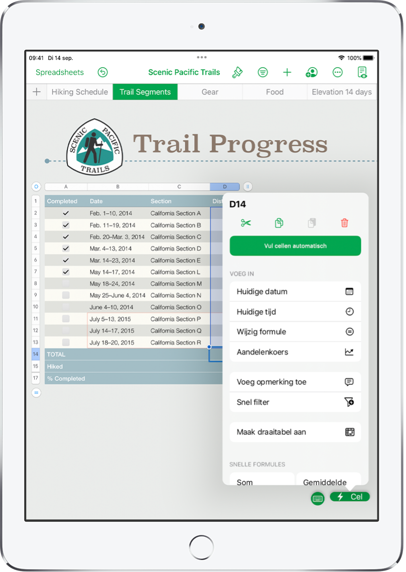 Een spreadsheet met daarin een tabel met wandelroutes en de afstand van elke route. Het celtaakmenu is geopend met daarin opties voor het toevoegen van formules, datums, opmerkingen en filters.