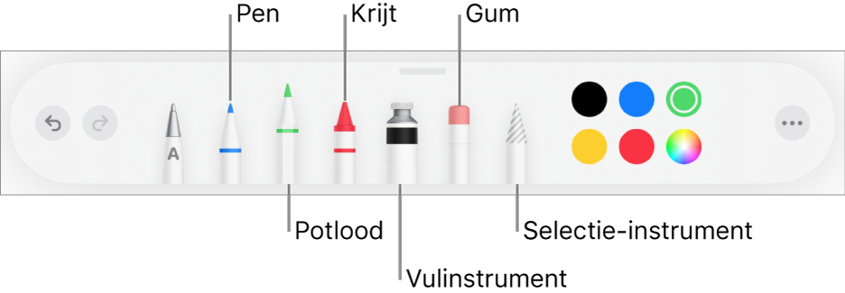 De knoppenbalk voor tekenen met een pen, potlood, krijt, vulinstrument, gum, selectie-instrument en kleuren. Helemaal rechts staat de knop voor het menu 'Meer'.