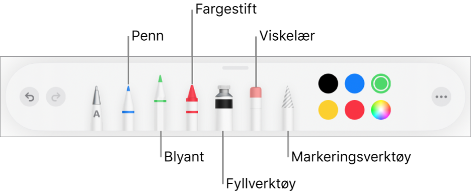 Tegneverktøylinjen vises med en penn, blyant, fargestift, fyllverktøy, viskelær, markeringsverktøy og farger. Helt til høyre er Mer-menyknappen