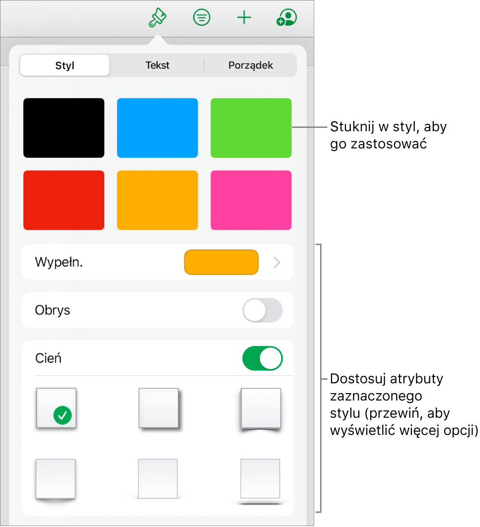 Karta Styl w menu Format, zawierająca na górze style kształtów, a poniżej narzędzia do zmiany wypełnienia, obrysu i cienia.