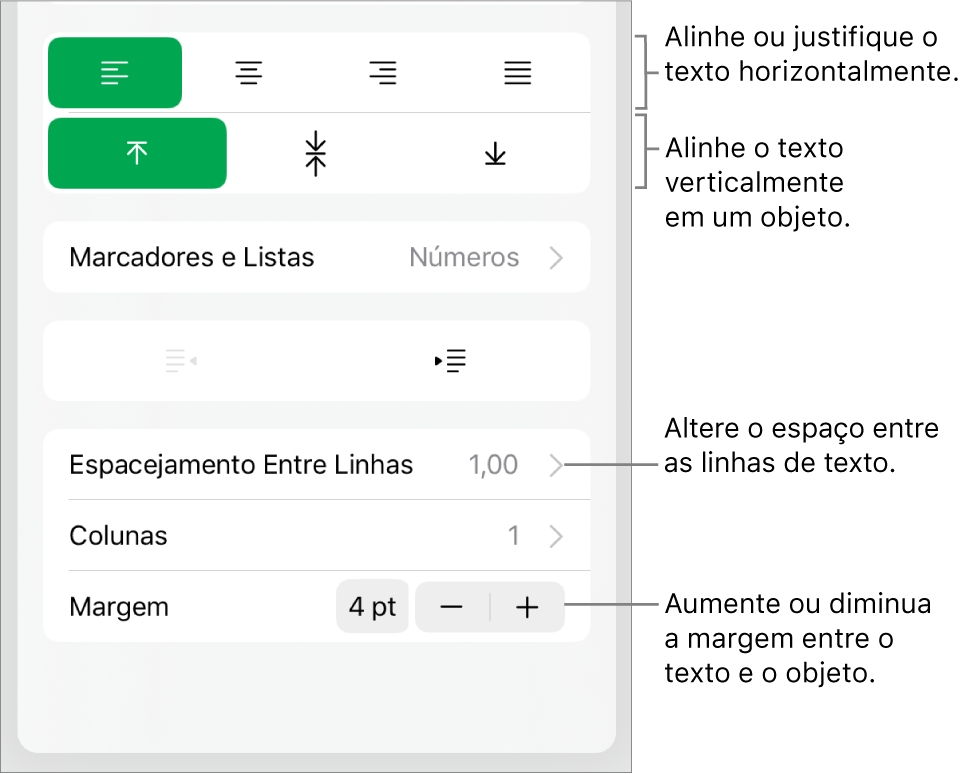 Seção Layout do inspetor Formatar com balões explicativos para os botões de alinhamento de texto e de espacejamento.