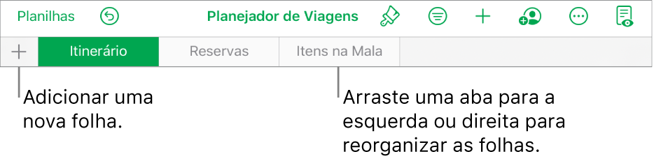 Barra de abas para adição de uma nova planilha, para navegação e reorganização de planilha.