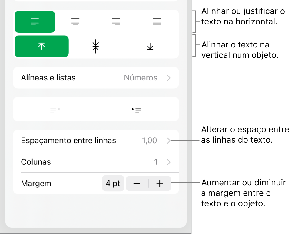 A secção Disposição do inspetor de formatação com referências aos botões de alinhamento e espaçamento de texto.