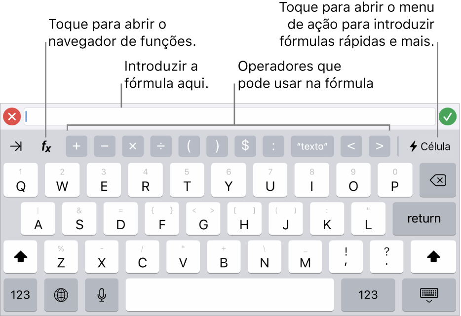 O teclado de fórmulas, com o editor de fórmulas na parte superior e os operadores utilizados nas fórmulas por baixo. O botão Funções para abrir o navegador de funções está situado à esquerda dos operadores e o botão de menu de ação está situado à direita.