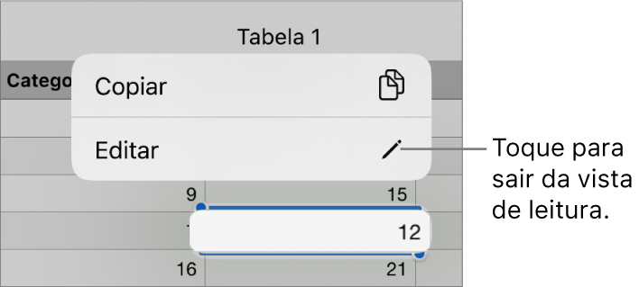 Uma célula de tabela está selecionada e por cima está um menu com os botões Copiar e Editar.