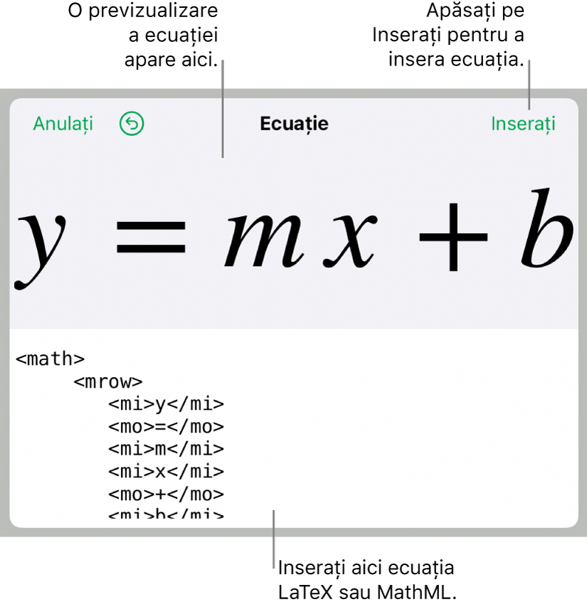Codul MathML pentru ecuația pantei unei linii și o previzualizare a formulei deasupra.