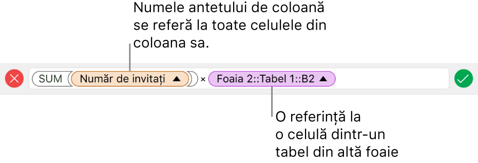 Editorul de formule afișând o formulă care se referă la o coloană dintr-un tabel și o celulă din alt tabel.