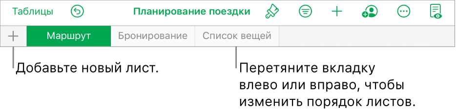 Панель вкладок для добавления нового листа, навигации, изменения порядка и переупорядочивания листов.