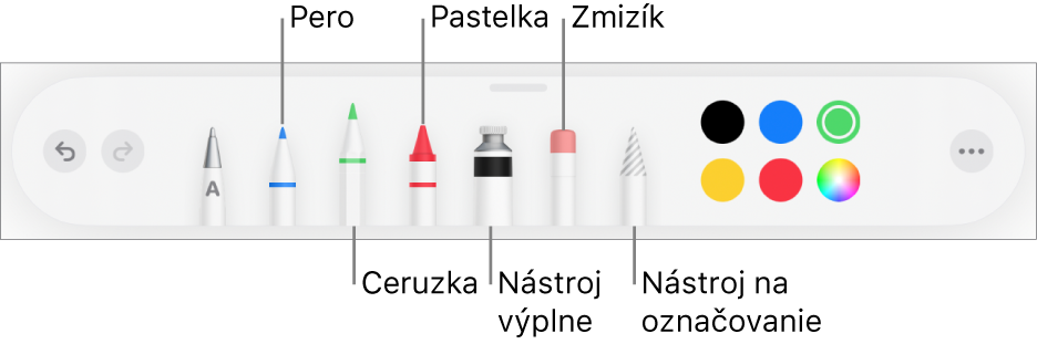 Panel s nástrojmi kreslenia s perom, ceruzkou, pastelkou, výplňou, zmizíkom, nástrojom výberu a farbami. Úplne vpravo je tlačidlo menu Viac