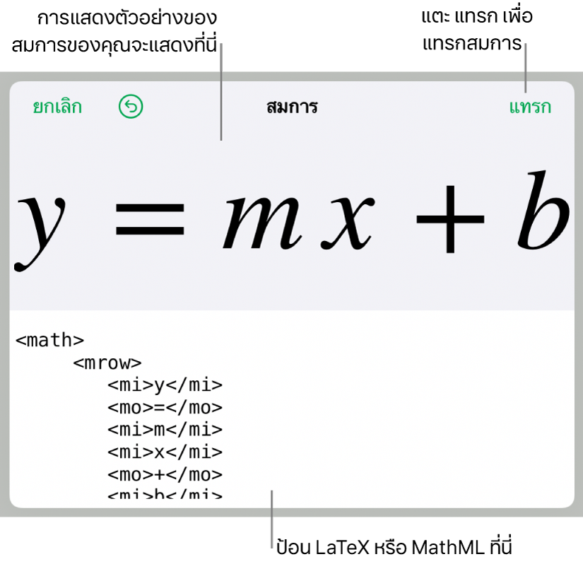 รหัส MathML ของสมการสำหรับความชันของเส้น และการแสดงตัวอย่างของสูตรด้านบน