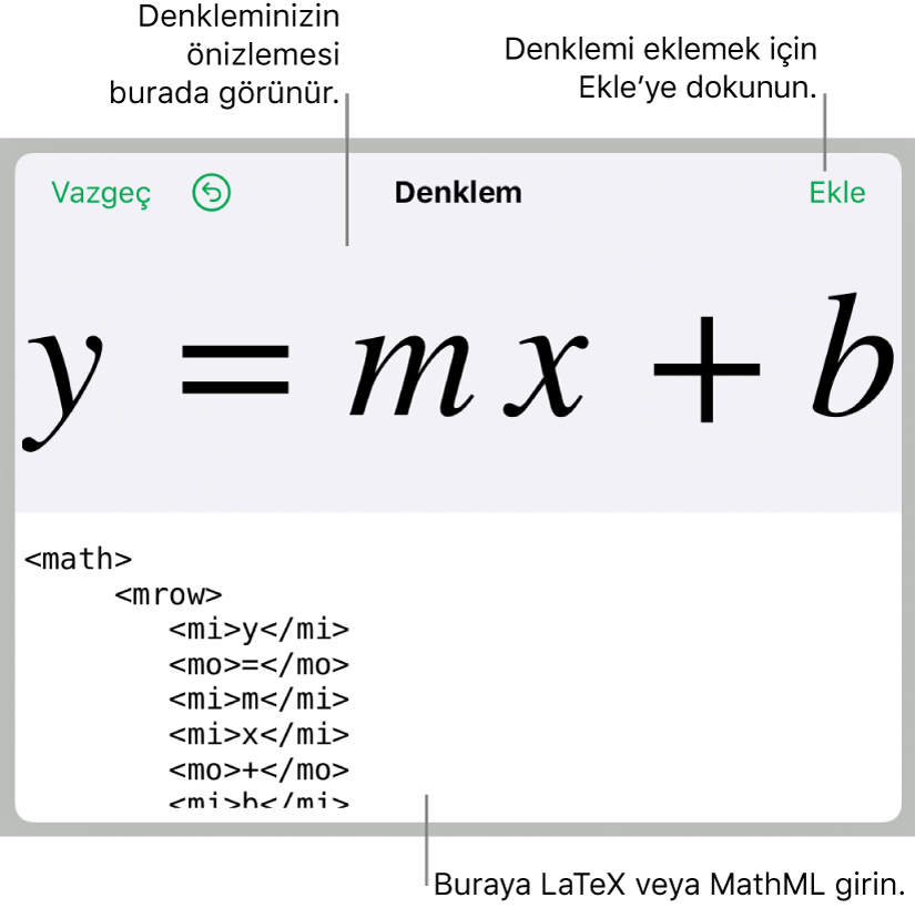 Çizgi eğimi denklemi için MathML kodu ve üstte formülün önizlemesi.