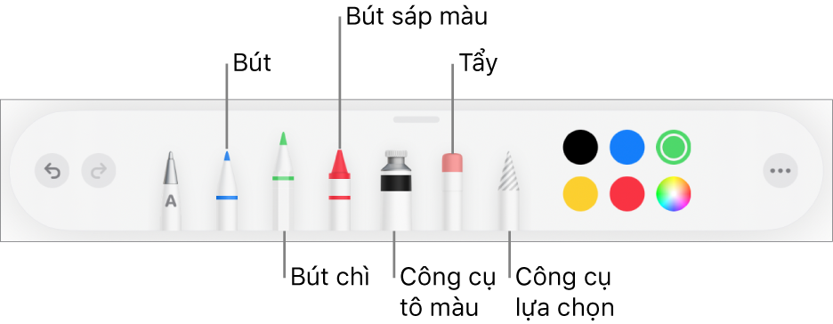 Thanh công cụ vẽ với bút, bút chì, bút sáp màu, công cụ tô màu, tẩy, công cụ chọn và màu. Ở phía xa bên phải là nút menu Thêm.