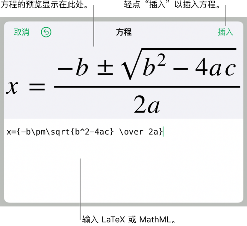 “方程”栏中使用 LaTeX 所写的二次公式以及下方公式的预览。