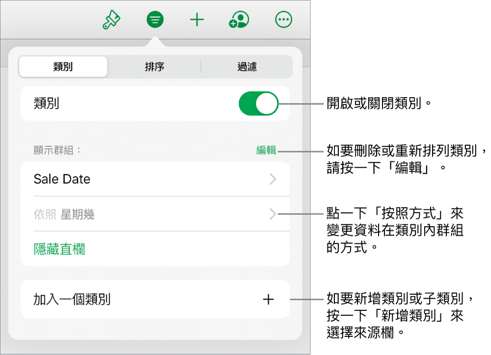 iPad 版的「類別(選單包括以下選項:關閉類別、刪除類別、重新分類資料、隱藏來源欄和加入類別。