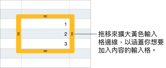 所選的輸入格帶有大的黃色邊線，你可以拖移來自動填滿輸入格。