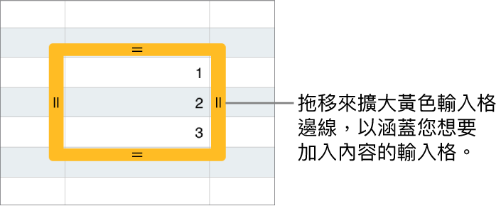所選的輸入格帶有大的黃色邊線，您可以拖移來自動填充輸入格。