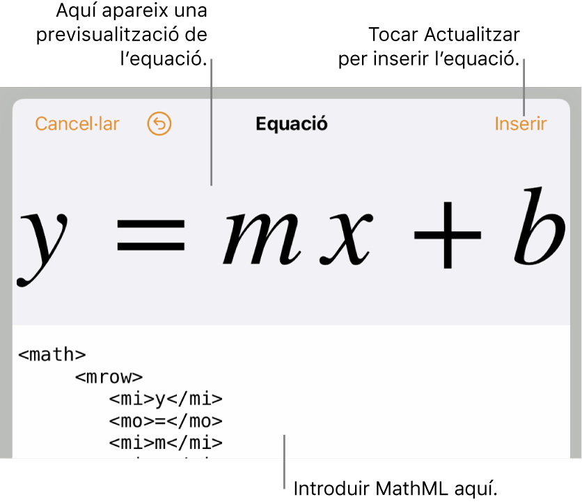 Codi MathML de l’equació del pendent d’una línia i una previsualització de la fórmula al damunt.