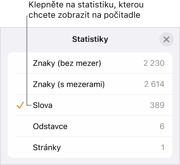 Nabídka Statistiky ukazující volby pro zobrazení počtu znaků bez mezer a s mezerami, počet slov, počet odstavců a počet stránek.