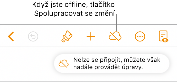 Tlačítka u horního okraje obrazovky; tlačítko Spolupracovat se změnilo na symbol oblaku se šikmým přeškrtnutím. Na obrazovce se zobrazí upozornění „Jste v offline režimu, můžete však nadále provádět úpravy.“