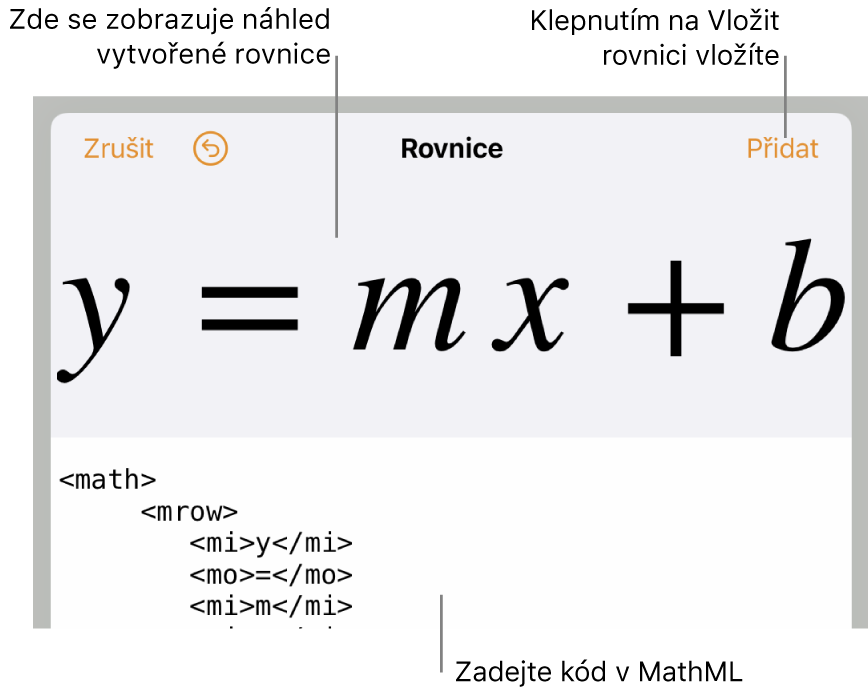 Rovnice směrnice přímky zapsaná v kódu MathML a nad ní náhled výsledného vzorce