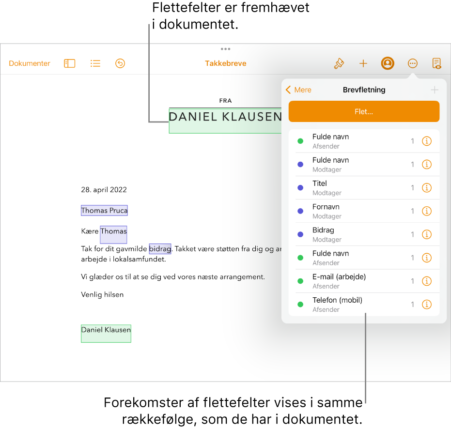 Pages-dokument med modtager- og afsenderfelter til brevfletning, og listen over forekomster af flettefelter vises i indholdsoversigten Dokument.