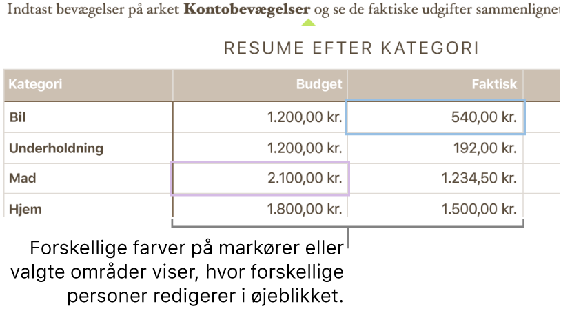 Markører og valgte områder vises i forskellige farver, så du kan se, hvor andre redigerer.