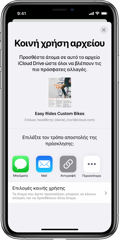 Η οθόνη «Προσθήκη ατόμων» στην οποία εμφανίζεται μια φωτογραφία του εγγράφου προς κοινή χρήση. Κάτω από αυτήν υπάρχουν κουμπιά για την αποστολή της πρόσκλησης με διάφορους τρόπους, όπως Μηνύματα και Mail, «Αντιγραφή συνδέσμου» και «Περισσότερα». Στο κάτω μέρος υπάρχει το κουμπί «Επιλογές κοινής χρήσης».