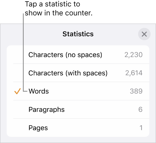 The Statistics menu showing options to show the number of characters without and with spaces, words count, paragraph count and page count.