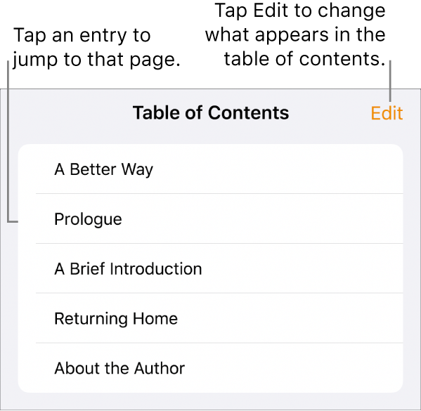 The table of contents view with headings in a list. An Edit button is in the top-right corner and, at the bottom, are the Page, Thumbnail and Table of Contents buttons.