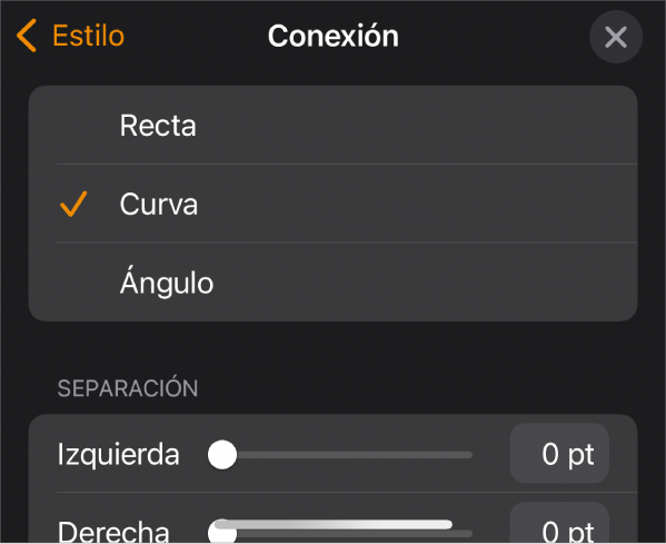 Los controles de Conexión con la opción Curva seleccionada.