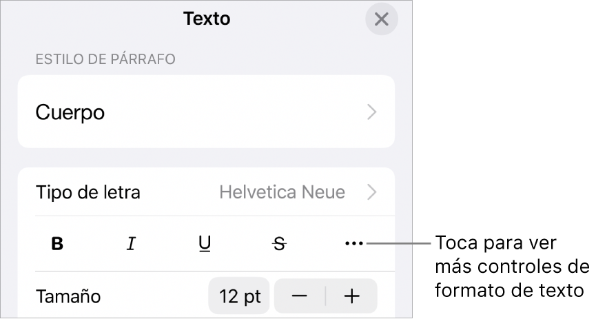 La pestaña Texto de los controles de formato, con un mensaje en el botón “Más opciones de texto”.