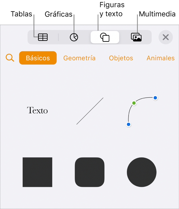 Se abren los controles Insertar con botones para agregar tablas, gráficas, texto, figuras y contenidos en la parte superior.