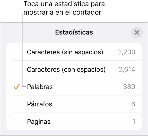 El menú Estadísticas con las opciones para mostrar el número de caracteres con y sin espacios, el conteo de palabras, el conteo de párrafos y el conteo de páginas.